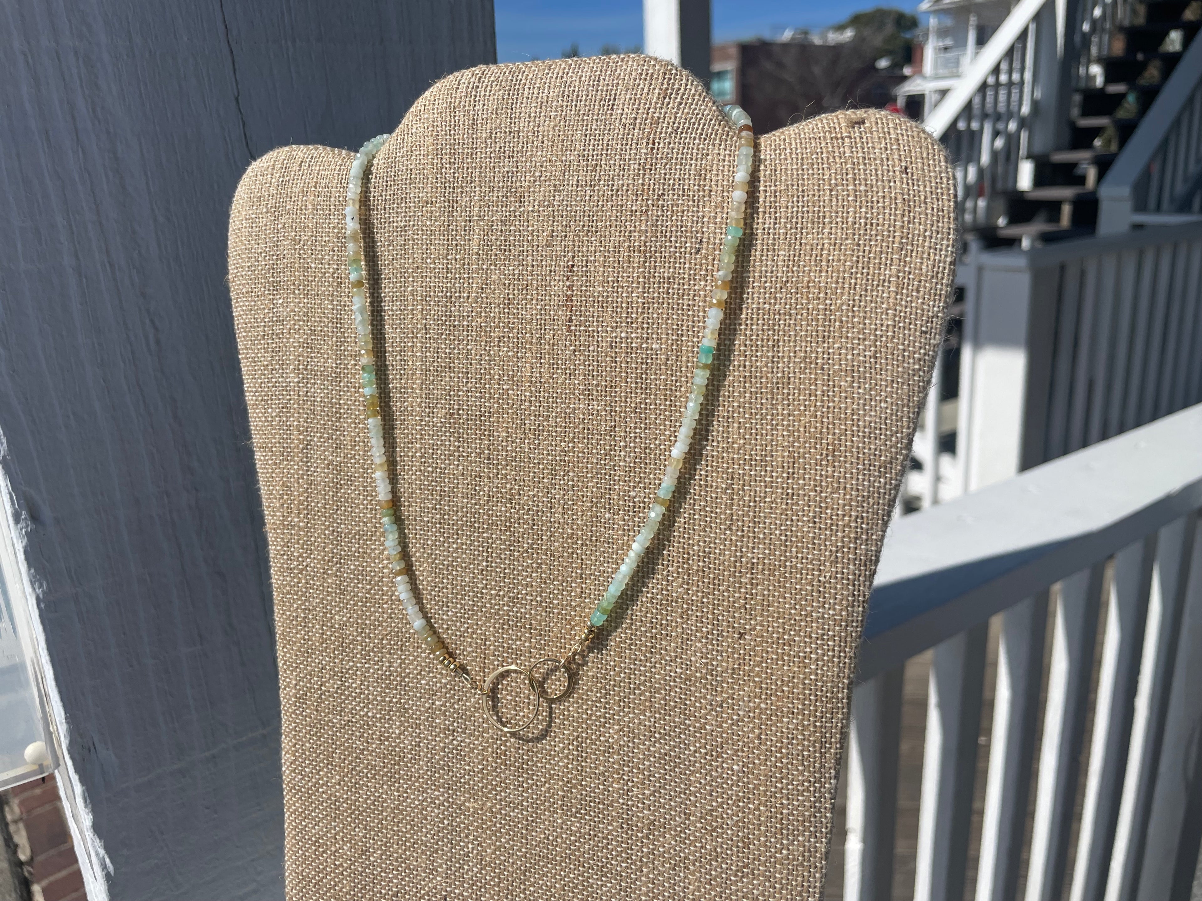 Still Water Peruvian Opal Necklace, Gold Filled Rings (17”)