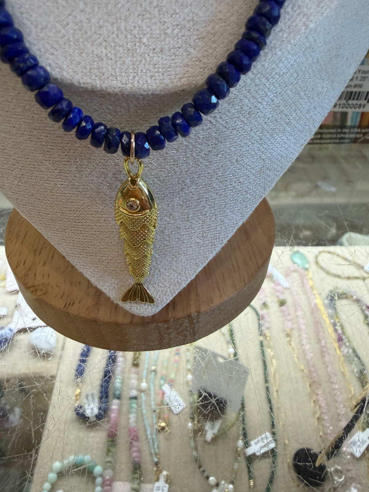 Deep Blue/Lapis Lazuli & Articulated Gold Fish Necklace