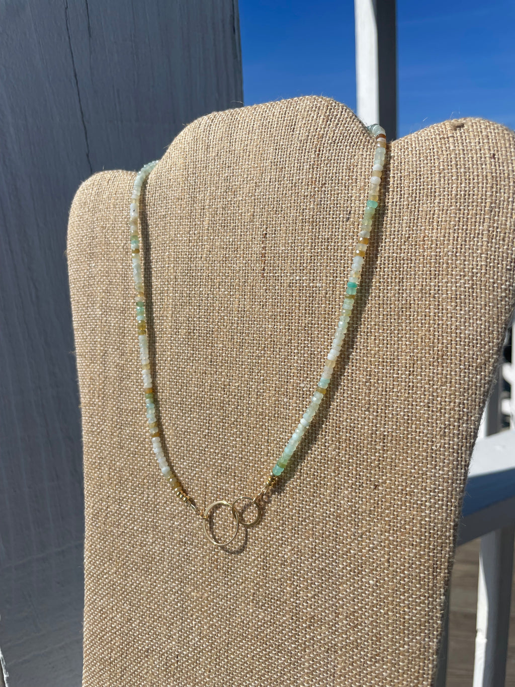 Still Water Peruvian Opal Necklace, Gold Filled Rings (17”)