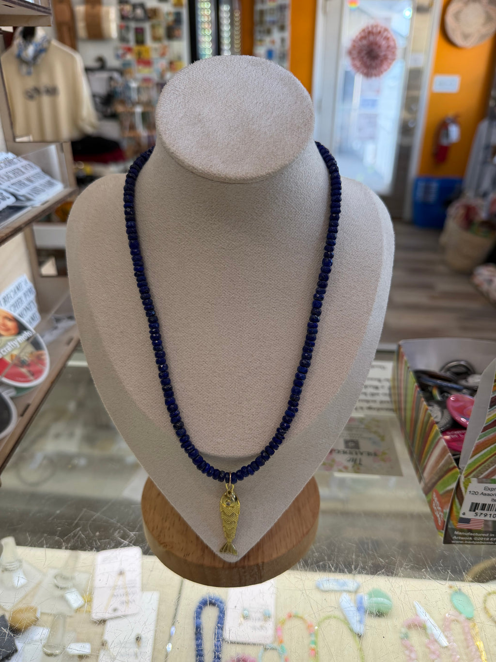 Deep Blue/Lapis Lazuli & Articulated Gold Fish Necklace
