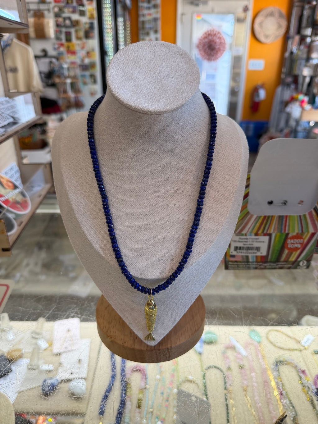 Deep Blue/Lapis Lazuli & Articulated Gold Fish Necklace