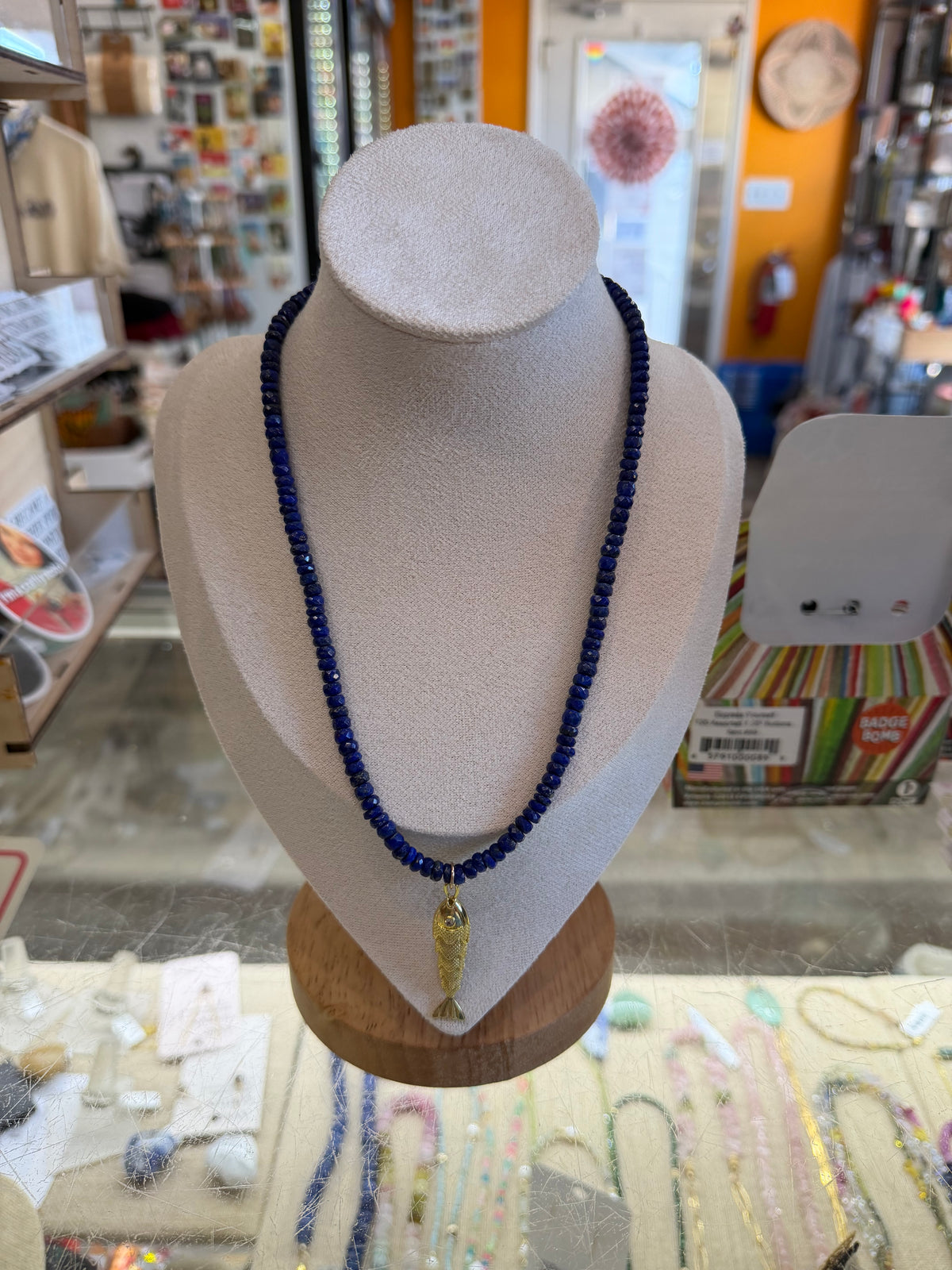 Deep Blue/Lapis Lazuli & Articulated Gold Fish Necklace