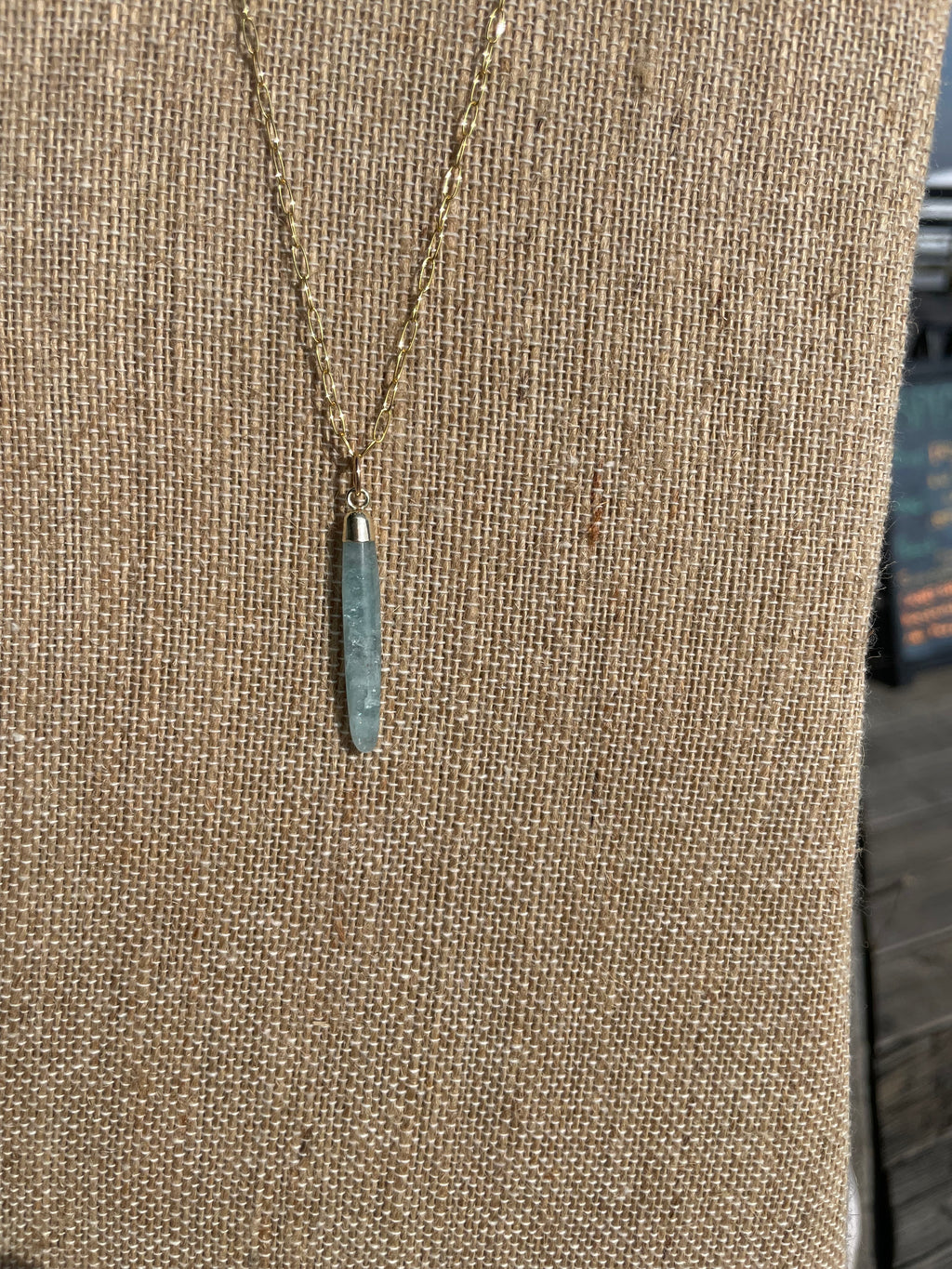 Sea Glass Whisper
Aquamarine Drop, 20” Gold Filled Chain