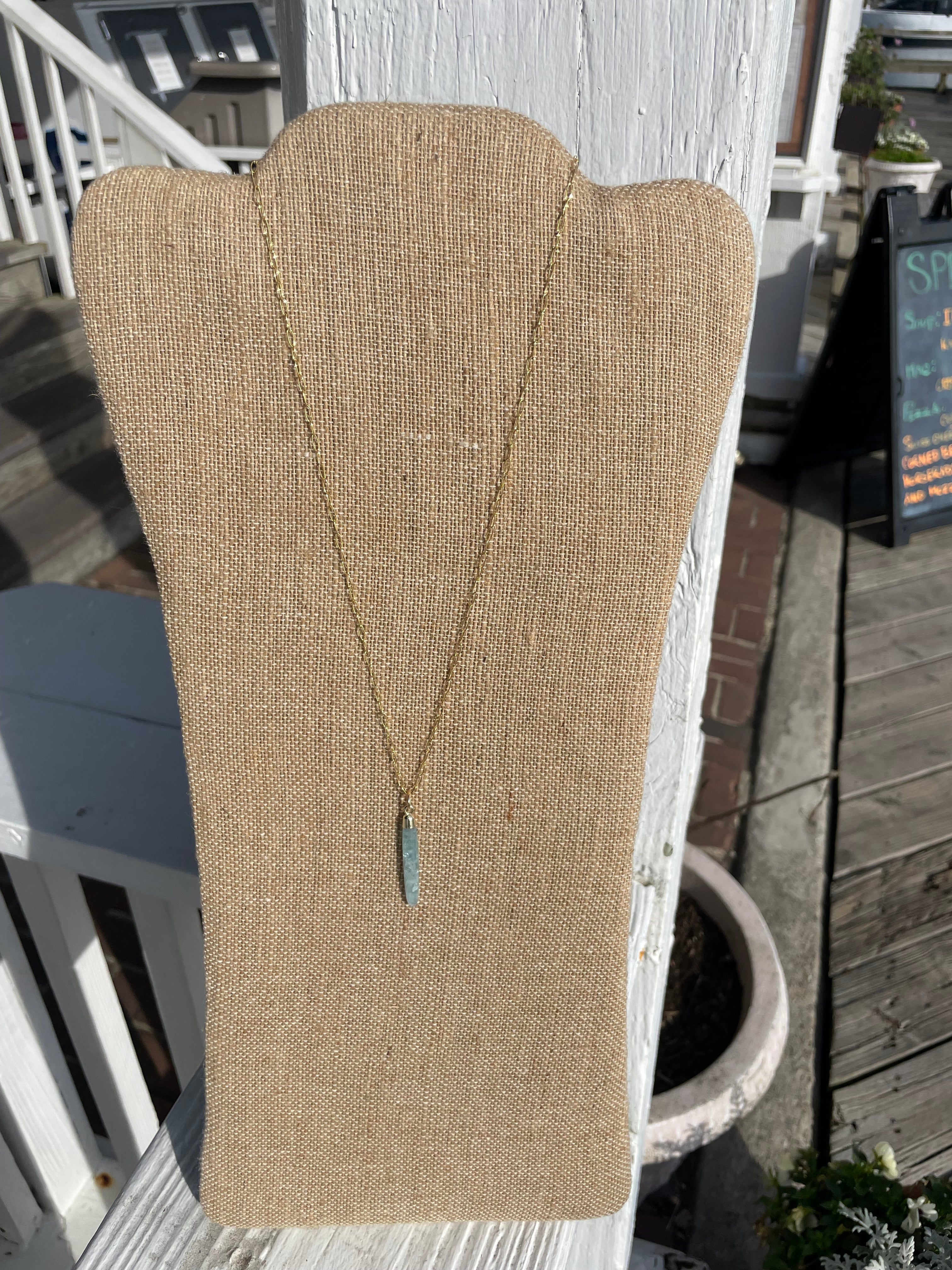 Sea Glass Whisper
Aquamarine Drop, 20” Gold Filled Chain